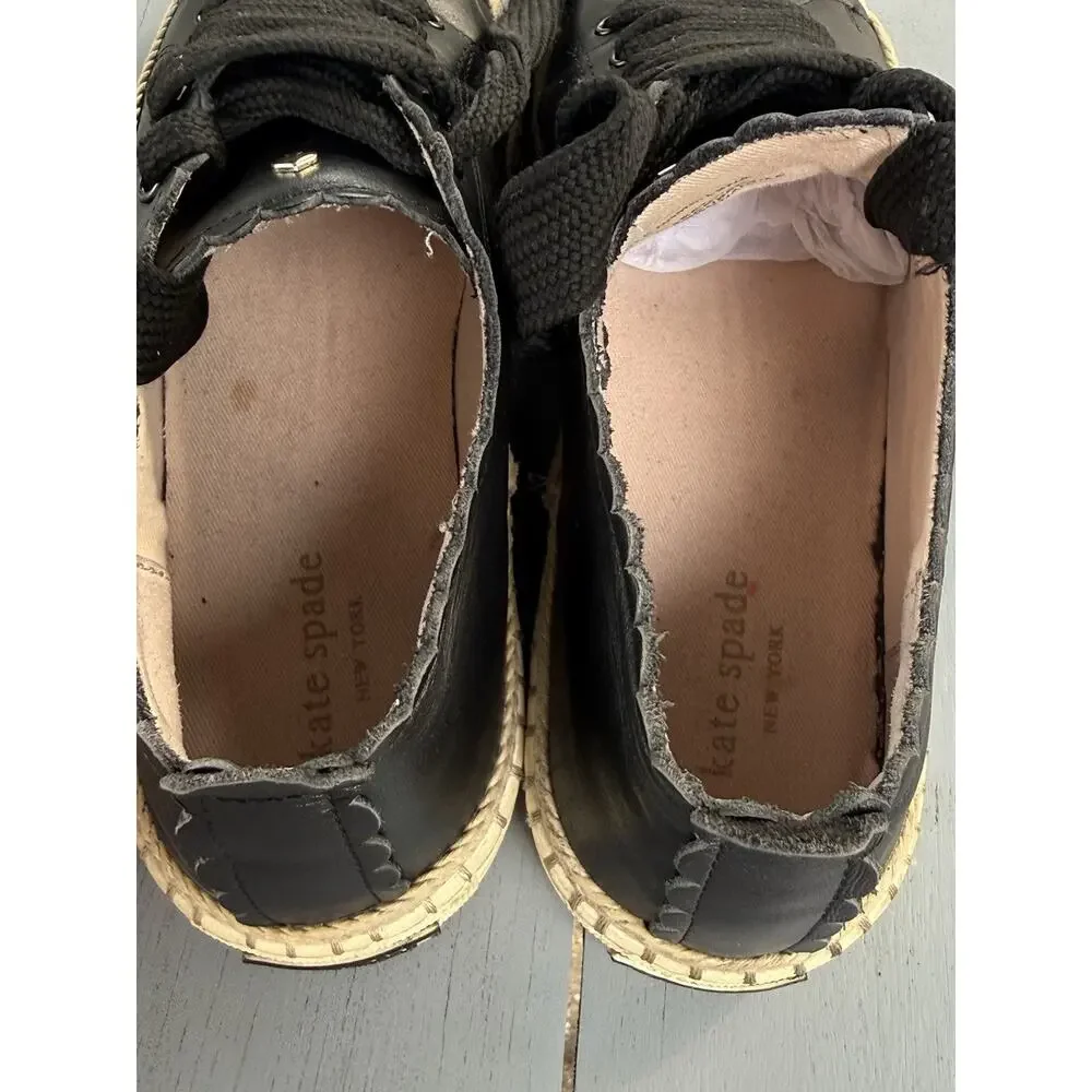 Kate Spade Lena Black Leather Scalloped Espadrille Sneakers Women Size 8M